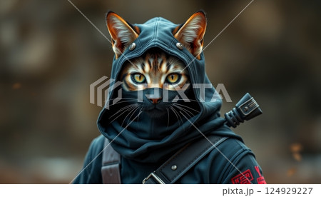 illustration portrait of a cat with a ninja costume and katana swords representing a fearsome assassin 124929227
