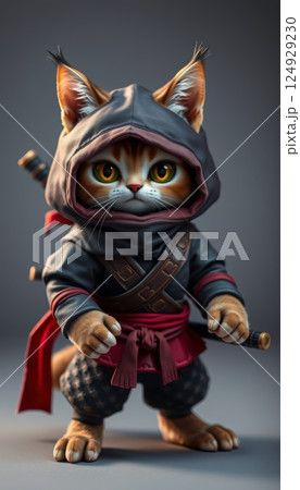 illustration portrait of a cat with a ninja costume and katana swords representing a fearsome assassin 124929230