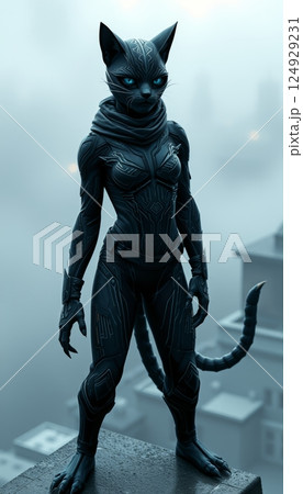 illustration of a futuristic robotic black ninja android cyborg cat in sci-fi urban city setting 124929231