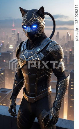 illustration of a futuristic robotic black ninja android cyborg cat in sci-fi urban city setting 124929232