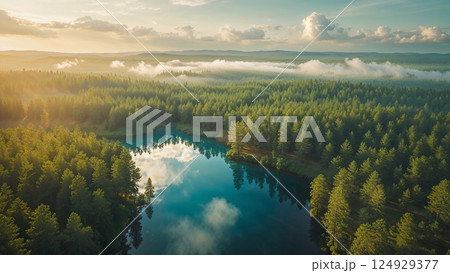 Golden sunlight illuminating misty forest and serene lake at dawn 124929377