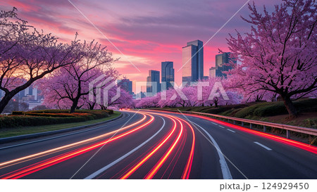 Light trails illuminating road lined with blooming cherry trees at sunset 124929450