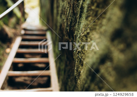 Wooden staircase on a trail at a slope 124929658