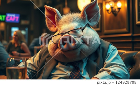 Conceptual image with a pig dressed in human clothes as a drunk and sleepy employee at a bar table 124929709