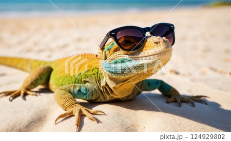illustration of a smiling lizard wearing sunglasses enjoying the sun on the beach by the sea on a summer day 124929802