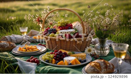 Romantic picnic setting with wine, cheese, and fruits in nature 124929896