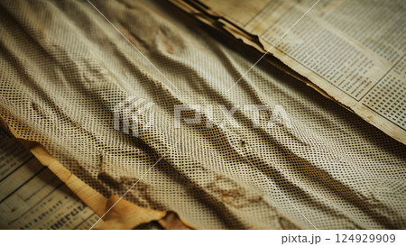 Old mesh fabric covering vintage newspaper pages Old mesh fabric covering vintage newspaper pages 124929909