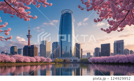 Cherry blossoms framing modern skyline at sunset 124929952