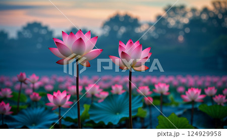 Pink lotus flowers blooming at sunrise in a pond 124929958