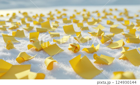 Yellow sticky notes scattered and blowing in the wind on snow 124930144