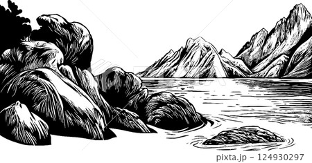 Serene Black and White Landscape Illustration Serene Black and White Landscape Illustration 124930297