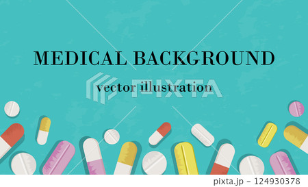 Medical background with close up of various pills and capsules. Vector illustration. 124930378