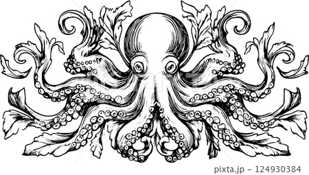Intricate Black and White Octopus Illustration 124930384