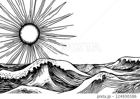 Stylized Ocean Waves with Radiant Sun 124930386