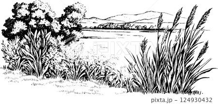 Serene Landscape Illustration with Water and Mountains Serene Landscape Illustration with Water and Mountains 124930432