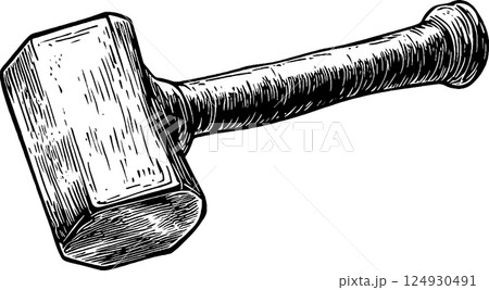 A detailed illustration of a wooden mallet, showcasing its textured handle and head, emphasizing craftsmanship and design. 124930491