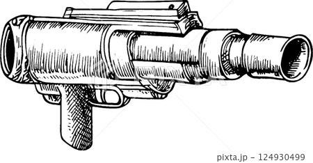 A detailed illustration of a firearm, showcasing its barrel and grip. The design features a sleek, modern aesthetic with intricate line work, emphasizing the mechanical aspects of the weapon. A detailed illustration of a firearm, showcasing its barrel and grip. The design features a sleek, modern aesthetic with intricate line work, emphasizing the mechanical aspects of the weapon. 124930499