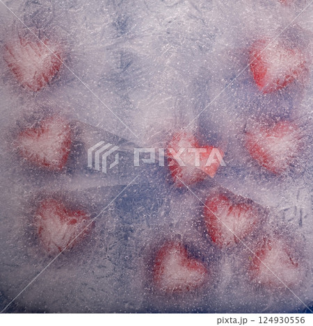 red hearts under ice. Frosted heart concept, icy love red hearts under ice. Frosted heart concept, icy love 124930556