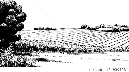 A black and white illustration of a serene countryside landscape featuring rolling hills, a distant farmhouse, and lush trees. The fields are depicted with wavy lines, creating a sense of depth and 124930568