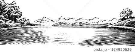 Serene River Landscape Illustration 124930629