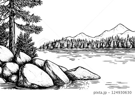Serene Lakeside Scene in Black and White 124930630