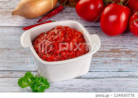 Bulgarian traditional lutenica pepper sauce 124930778