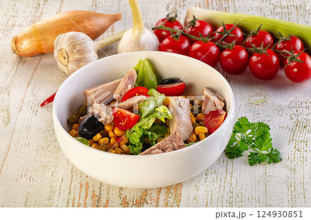 Dietary salad with canned tuna and corn Dietary salad with canned tuna and corn 124930851