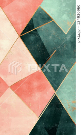 Colorful geometric patterns featuring green, pink, and golden hues in modern design 124930960