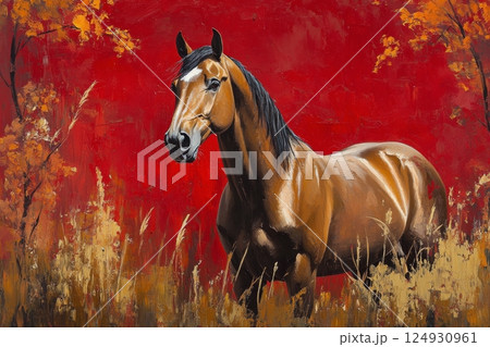 Majestic brown horse standing gracefully in a vibrant autumn landscape with red backdrop Majestic brown horse standing gracefully in a vibrant autumn landscape with red backdrop 124930961
