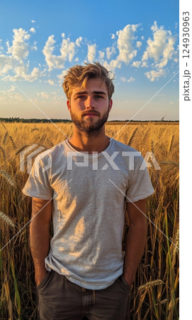 Young man standing in golden wheat field during sunset with blue sky and clouds 124930963