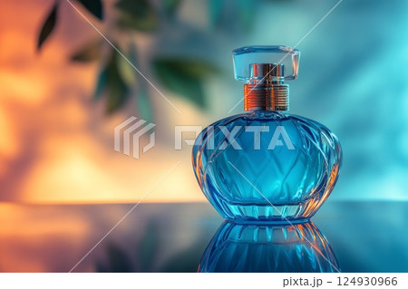 Elegant blue perfume bottle set against a soft glowing background 124930966