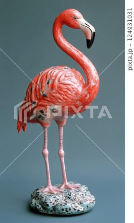 Elegant flamingo standing gracefully against a blue background in a serene indoor setting 124931031