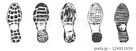 Shoe print boot, foot step silhouette mark. Boot Print textured, grunge. Mountain boot, hiking imprint. 124931059