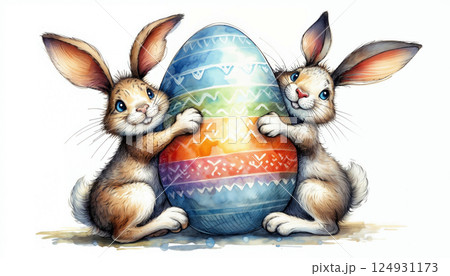 Two bunnies holding a large colorful Easter egg 124931173
