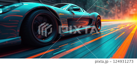 A sleek sports car races on a futuristic road 124931273