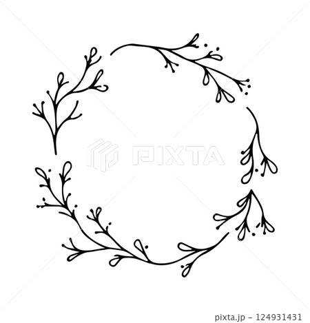 A minimalist botanical wreath composed of clean, hand-drawn lines and simple leafy branches arranged into a perfect circular shape. A minimalist botanical wreath composed of clean, hand-drawn lines and simple leafy branches arranged into a perfect circular shape. 124931431