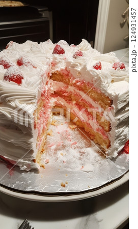 Minimalist layered cake with vivid strawberry and cream layers, geometric cut and smooth textures on matte pedestal, styled with artistic props in a spotlighted gallery-like background 124931457