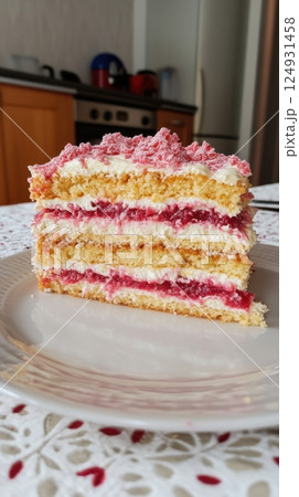 Refined dessert with vivid pink and white layers, soft lighting, and artistic props creating a modern edible art composition 124931458