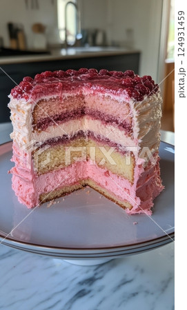 Sculptural cake with strawberry puree and cream layers, geometric cut, minimal backdrop and curated food styling 124931459