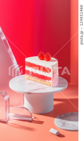 Sculptural cake with strawberry puree and cream layers, geometric cut, minimal backdrop and curated food styling 124931460