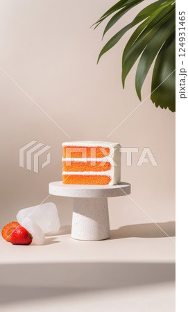 Artistic strawberry and cream layer cake styled with modern props and spotlighted background for a gallery-like food scene 124931465