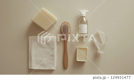 Flat lay of minimalist household cleaning tools on beige background: wooden brush, eco sponge, soap bar, glass spray bottle with label, linen towel, soft light, aesthetic composition 124931477