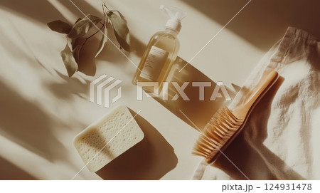 Flat lay of minimalist household cleaning tools on beige background: wooden brush, eco sponge, soap bar, glass spray bottle with label, linen towel, soft light, aesthetic composition 124931478