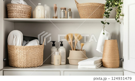 Open cabinet filled with neatly labeled cleaning supplies and eco materials, showcasing home organization and practical, minimalist interior care. 124931479