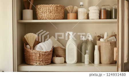 Open cabinet filled with neatly labeled cleaning supplies and eco materials, showcasing home organization and practical, minimalist interior care. 124931480