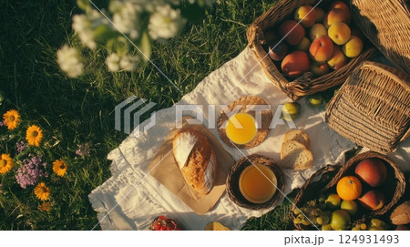Bright summer picnic with fruits, fresh flowers, and rustic textures on grass, expressing warmth, joy, and the relaxed charm of solstice season living. 124931493