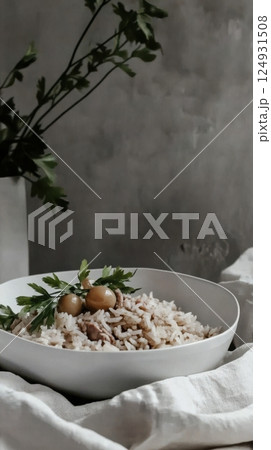 Traditional Libyan kabsa dish served on a decorative plate, featuring spiced rice with tender meat chunks, vegetables, and herbs, styled in a top-down view with authentic tableware and copyspace 124931508