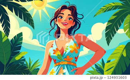 Smiling woman in floral dress. 124931603