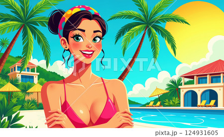 A woman in a pink bikini at a tropical resort. A woman in a pink bikini at a tropical resort. 124931605