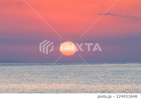 Sunrise view from Malaga seaside city in Andalusia, Spain, Europe. Serene sunrise over calm ocean waters. Large, vibrant sun descends below the horizon, painting the sky in hues of pink and purple. 124931646